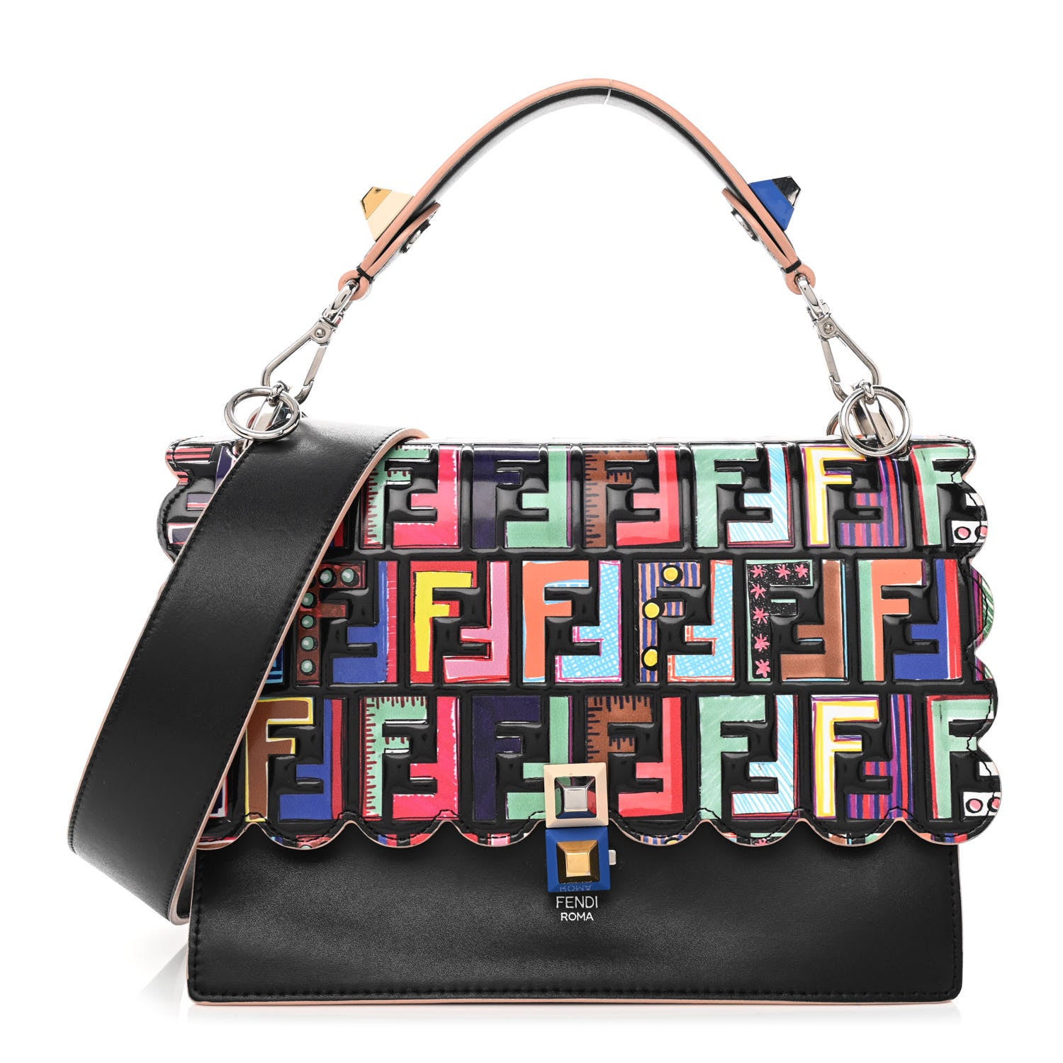 Fendi Vitello Liberty Fun Fair Embossed Scalloped Kan I Shoulder Bag Black Multicolor 1 of 11