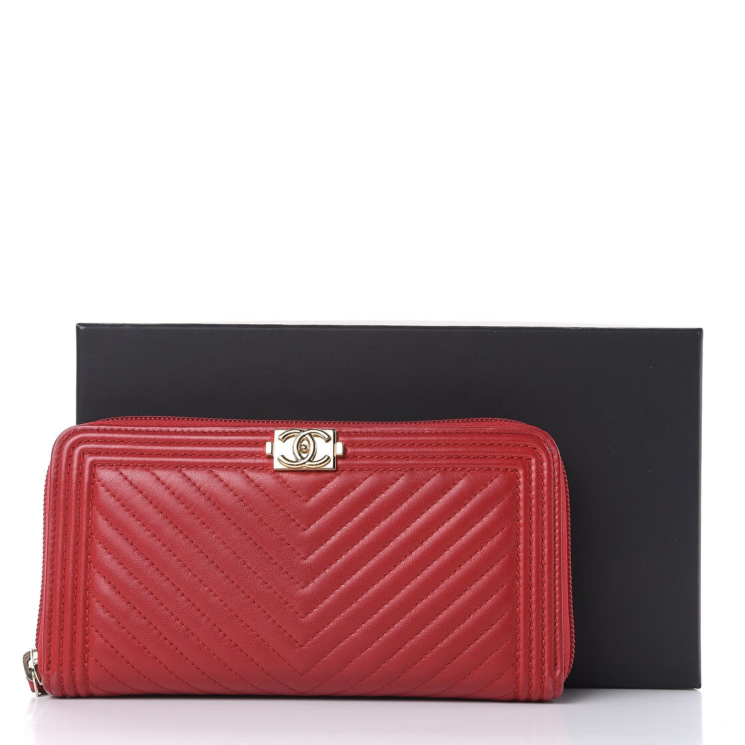 Chanel Lambskin Chevron Quilted Zip Around Boy Wallet Red 14 of 14