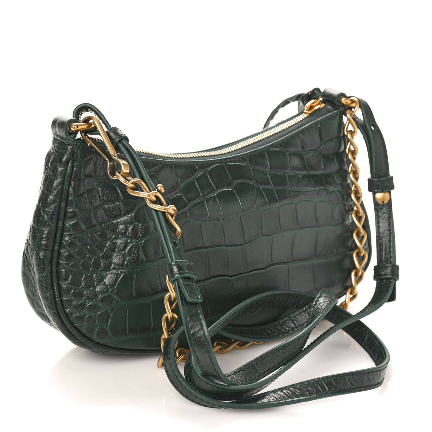 Extra Supple Calfskin Crocodile Embossed Mini Le Cagole Purse With Chain Forest Green