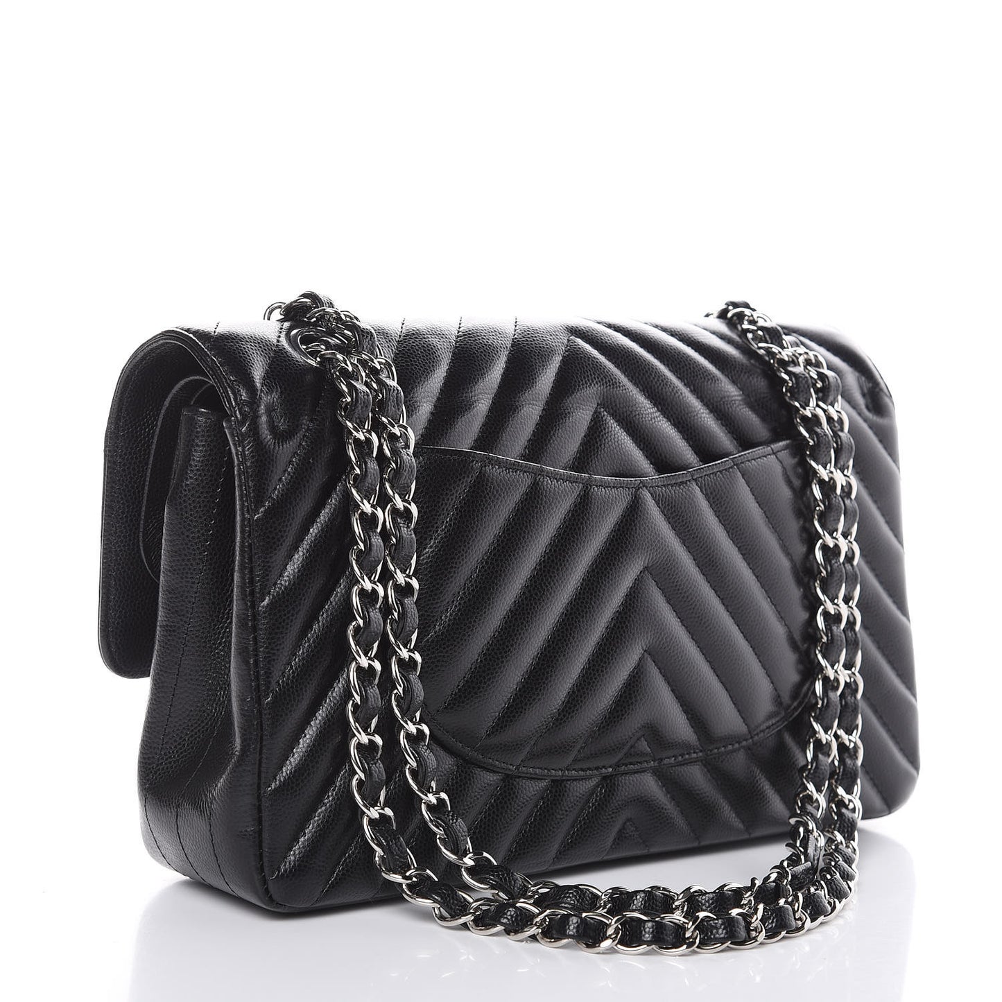 Caviar Chevron Quilted Medium Double Flap Black
