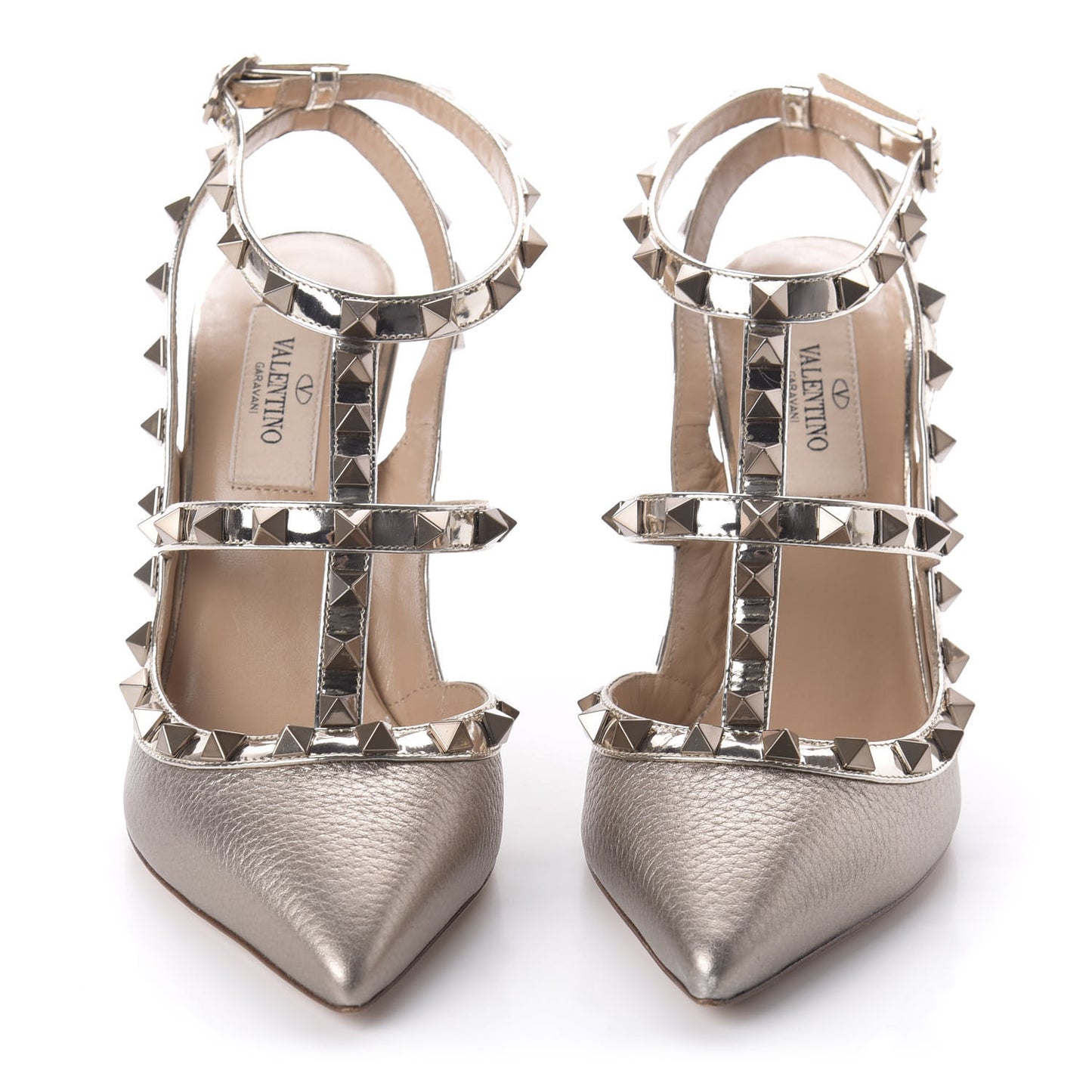 Metallic Pebbled Calfskin Patent Rockstud Ankle Strap 100mm Pumps 36 Skin