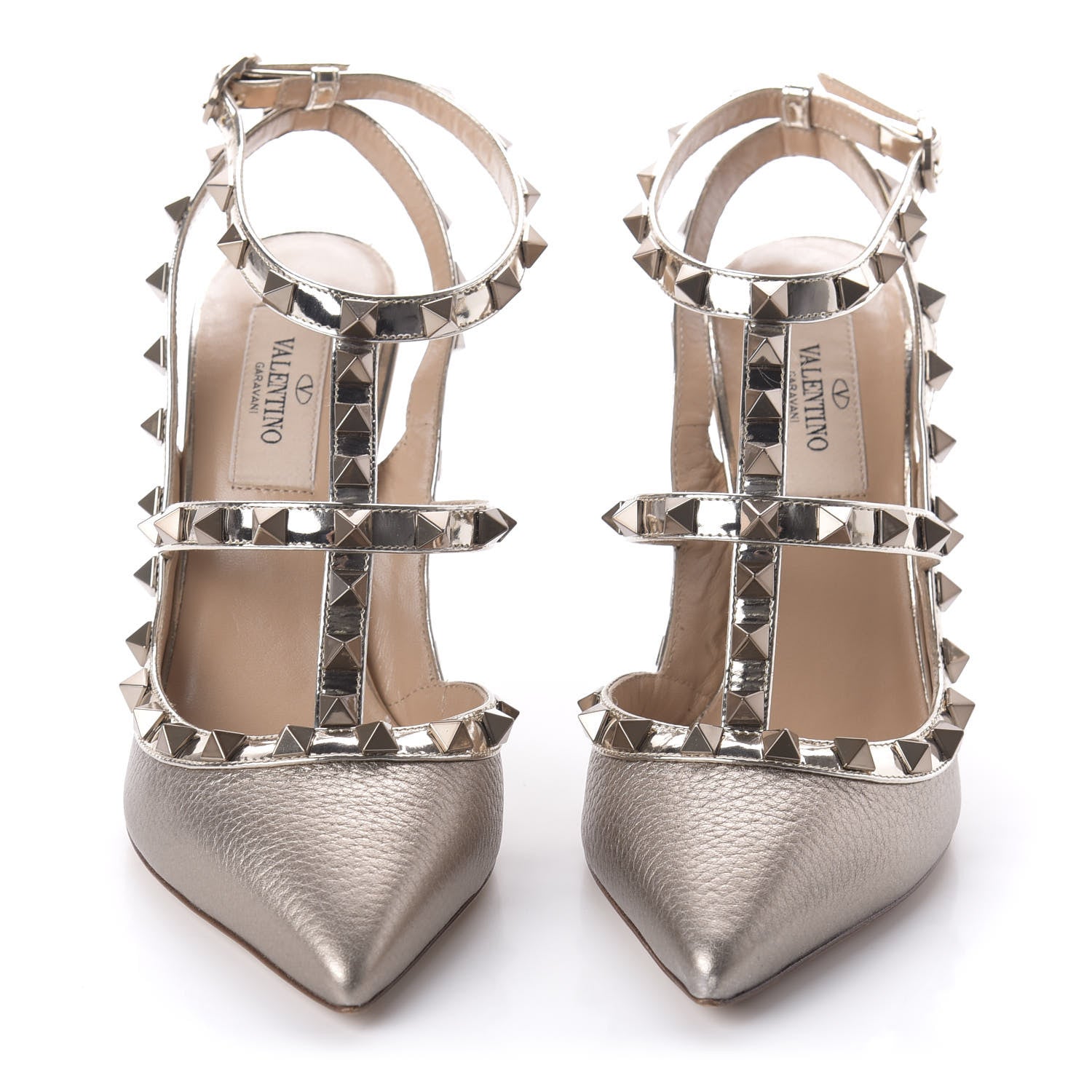 Valentino Garavani Metallic Pebbled Calfskin Patent Rockstud Ankle Strap 100mm Pumps 36 Skin 2 of 8