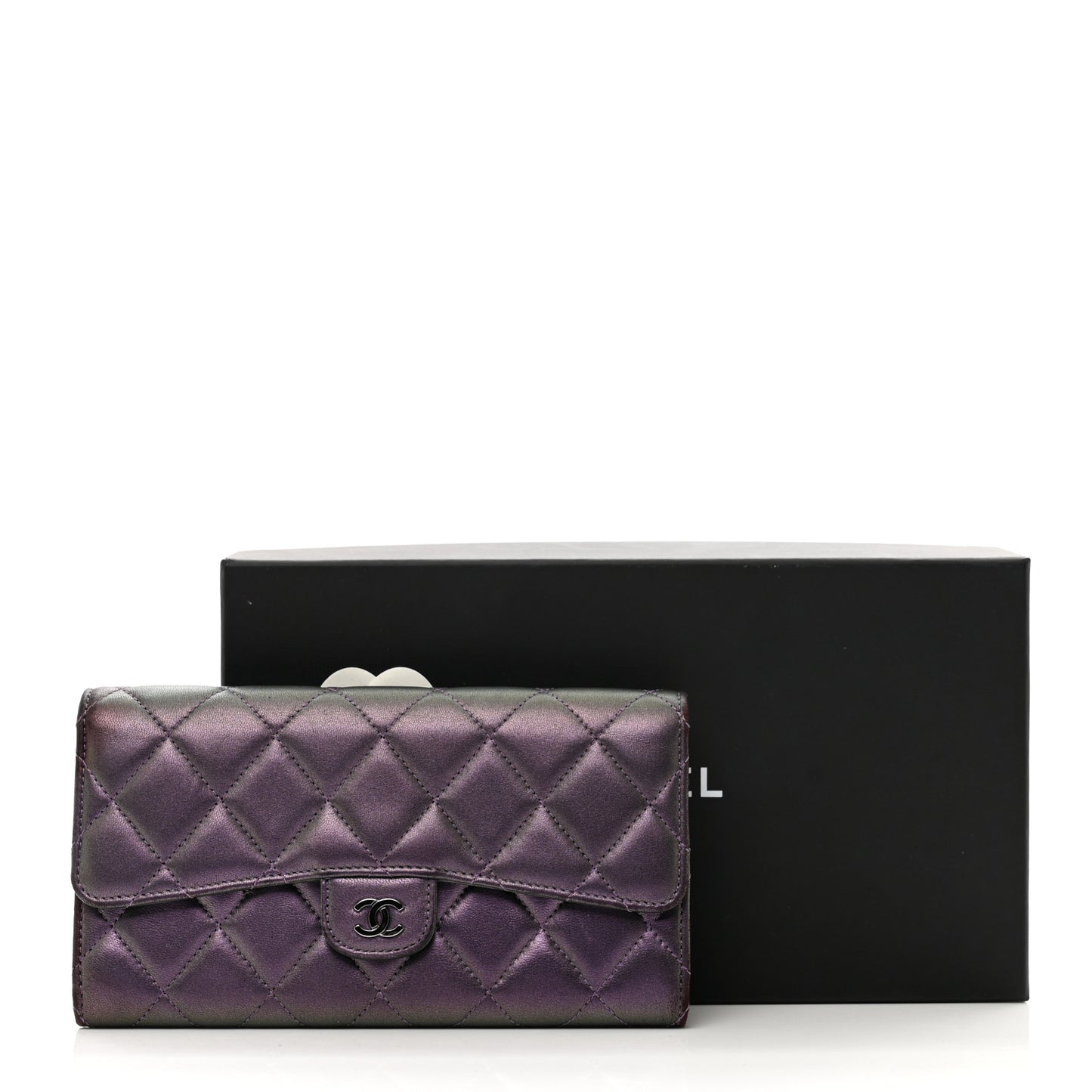 Iridescent Lambskin Quilted Large Gusset Flap Wallet Purple