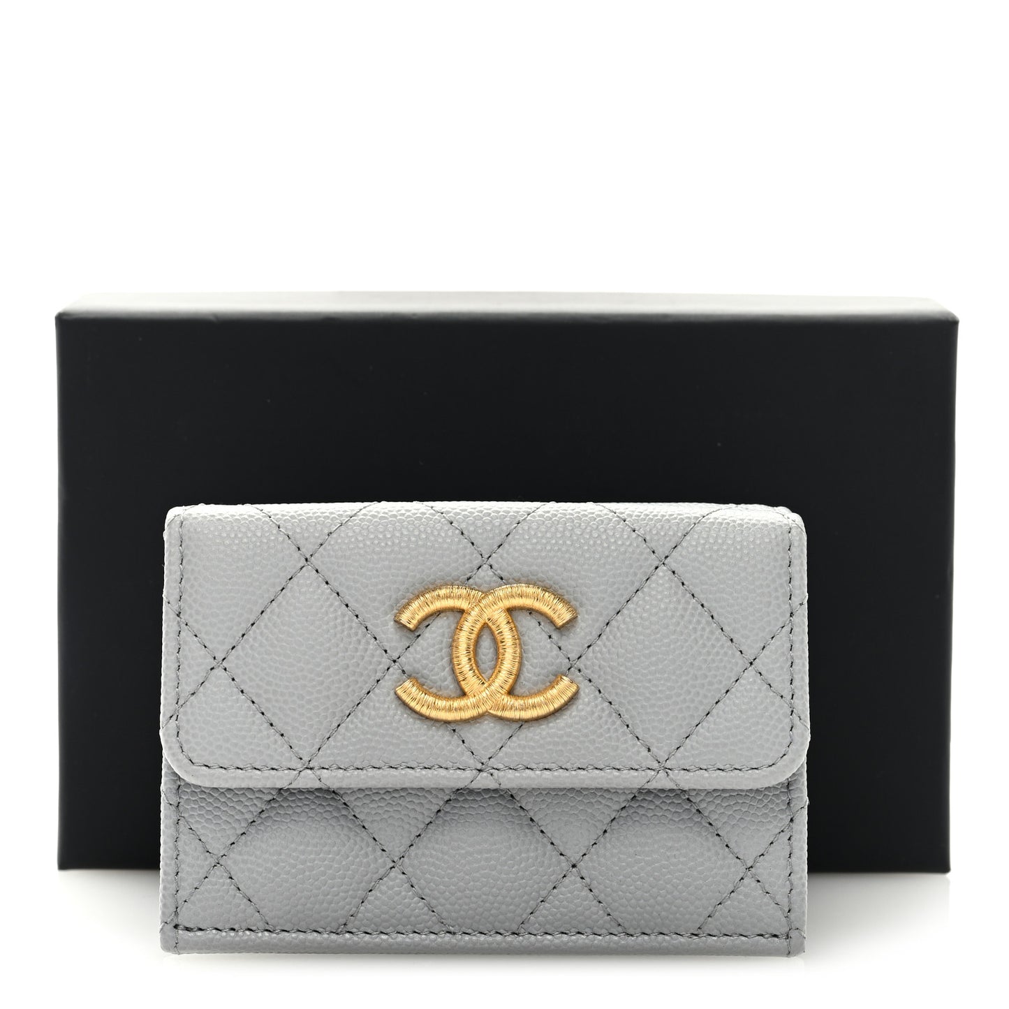 Caviar Quilted Textured CC Double Flap Wallet Grey