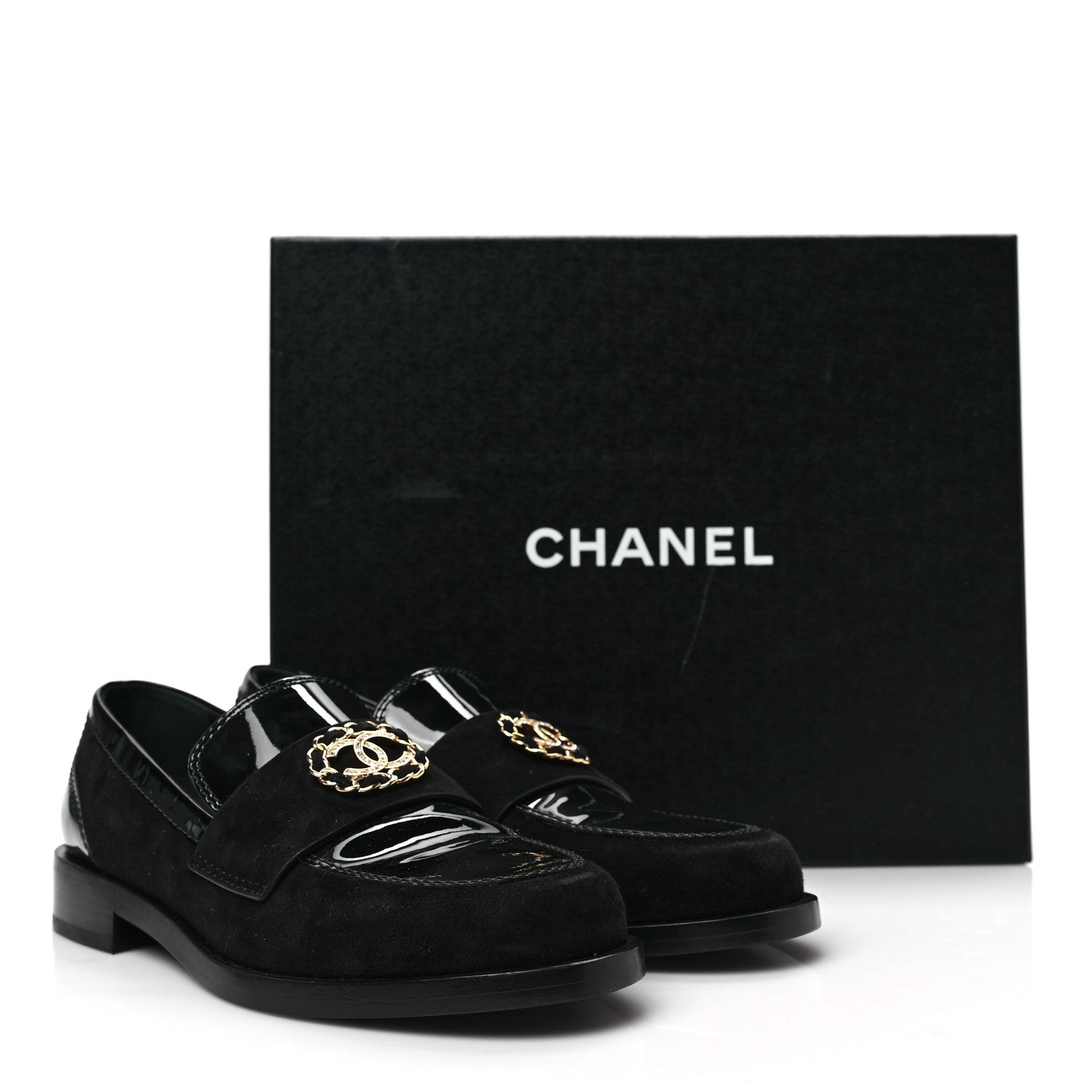 Chanel Patent Calfskin Suede Kidskin CC Mocassin Loafers 37 Black 8 of 8