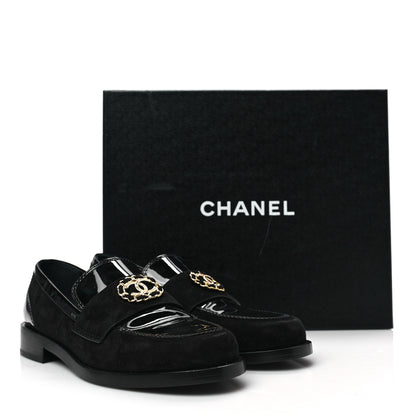 Chanel Patent Calfskin Suede Kidskin CC Mocassin Loafers 37 Black 8 of 8