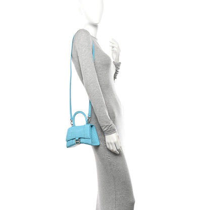 Balenciaga Shiny Calfskin Crocodile Embossed Hourglass Top Handle Bag XS Azur 2 of 10