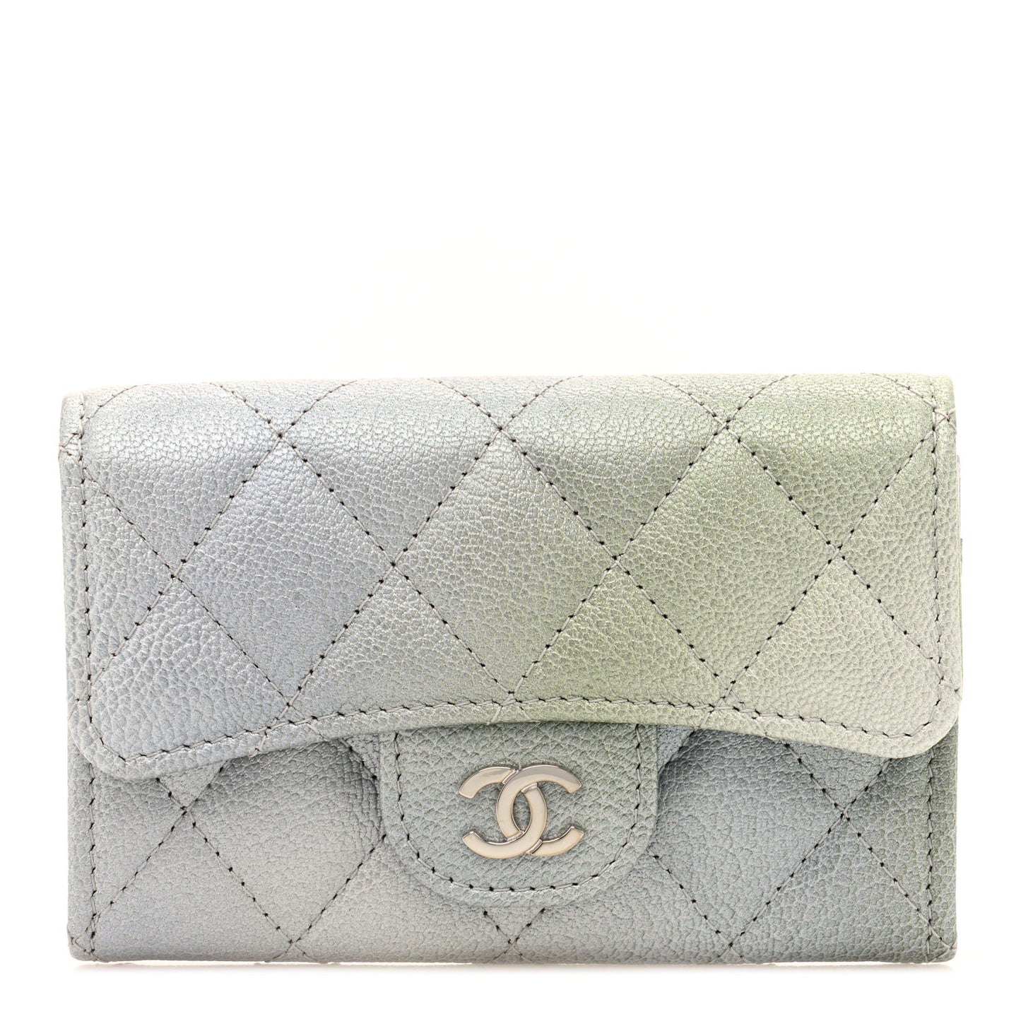 Metallic Goatskin Quilted Ombre Flap Card Holder Wallet Grey Green