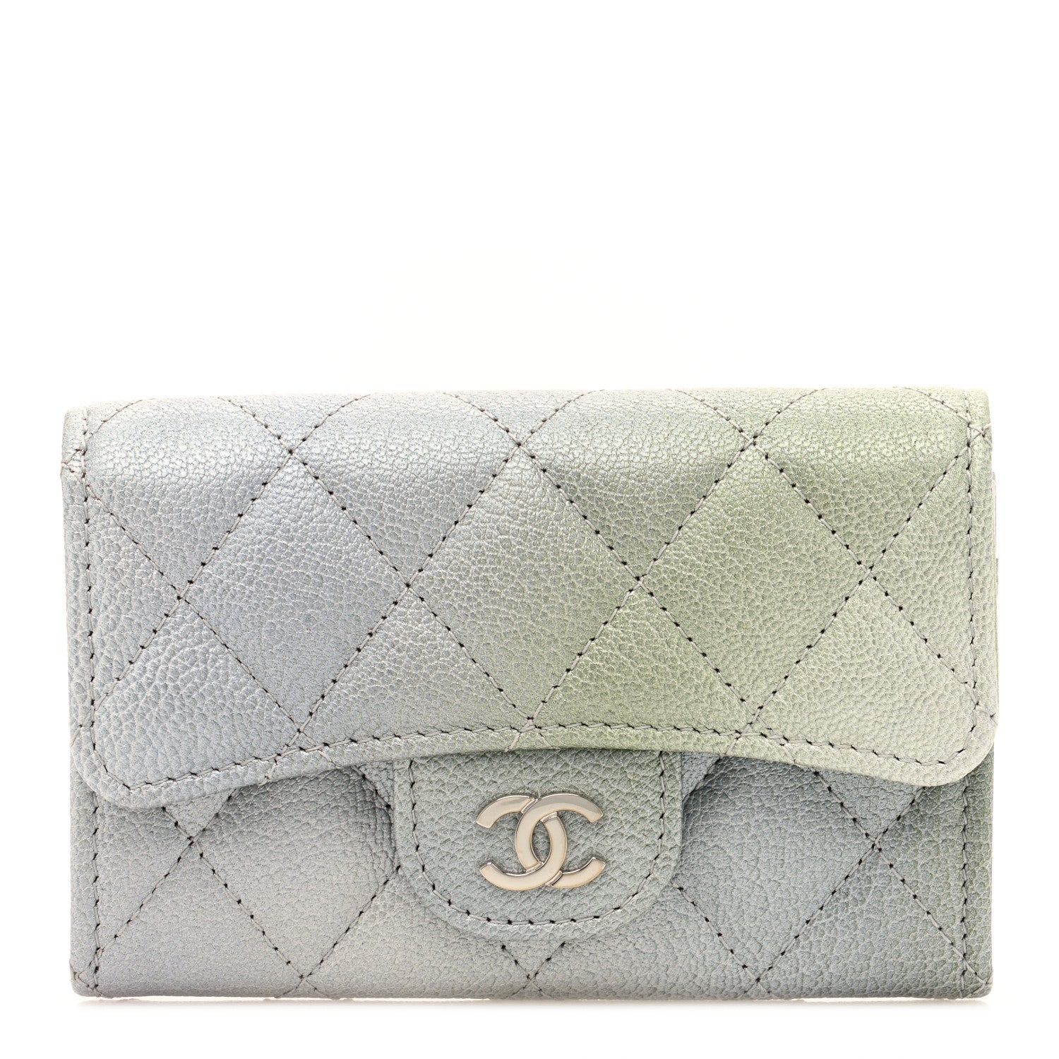 Chanel Metallic Goatskin Quilted Ombre Flap Card Holder Wallet Grey Green 1 of 8