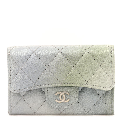 Chanel Metallic Goatskin Quilted Ombre Flap Card Holder Wallet Grey Green 1 of 8