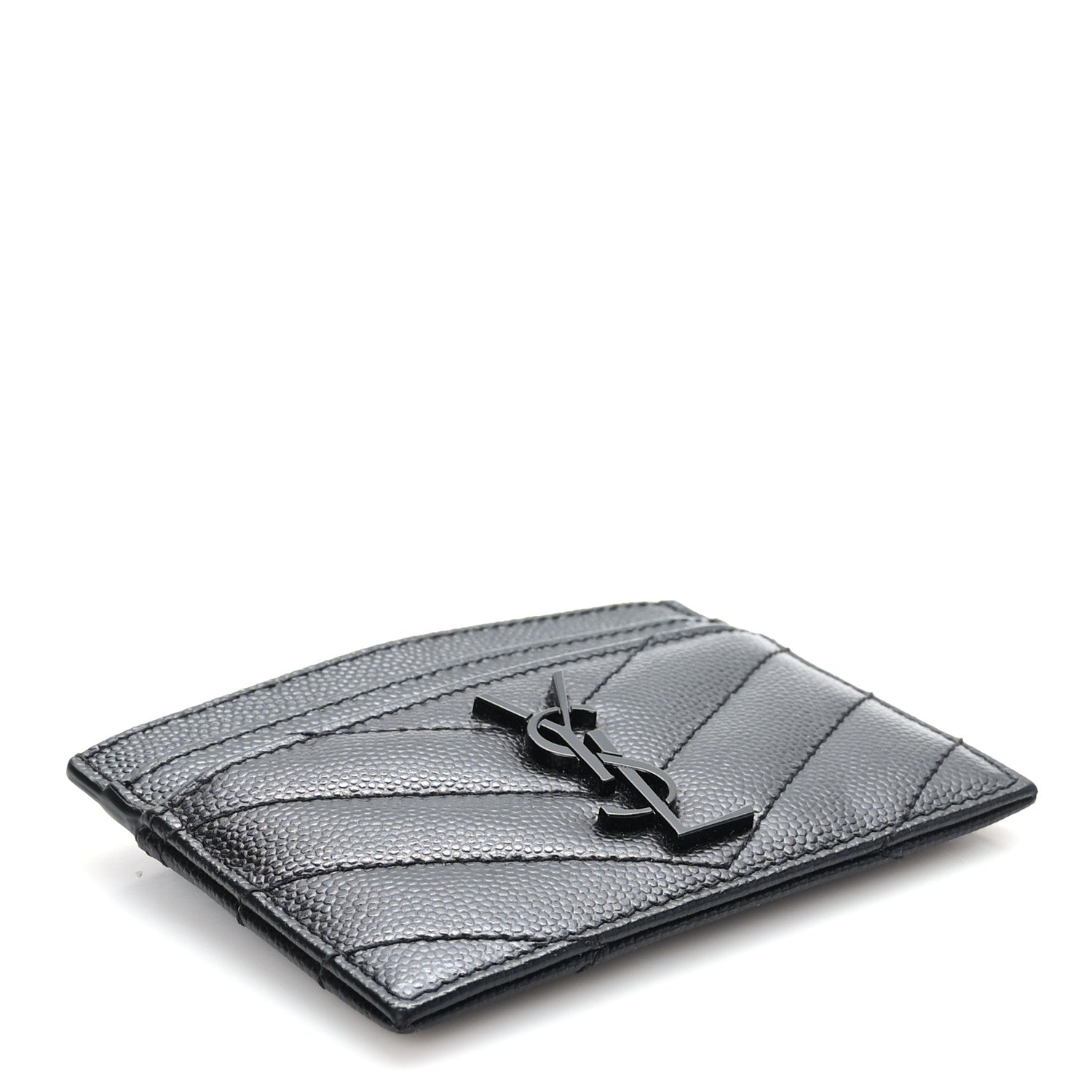 Saint Laurent Grain De Poudre Matelasse Chevron Monochrome Monogram Credit Card Case Black 4 of 8
