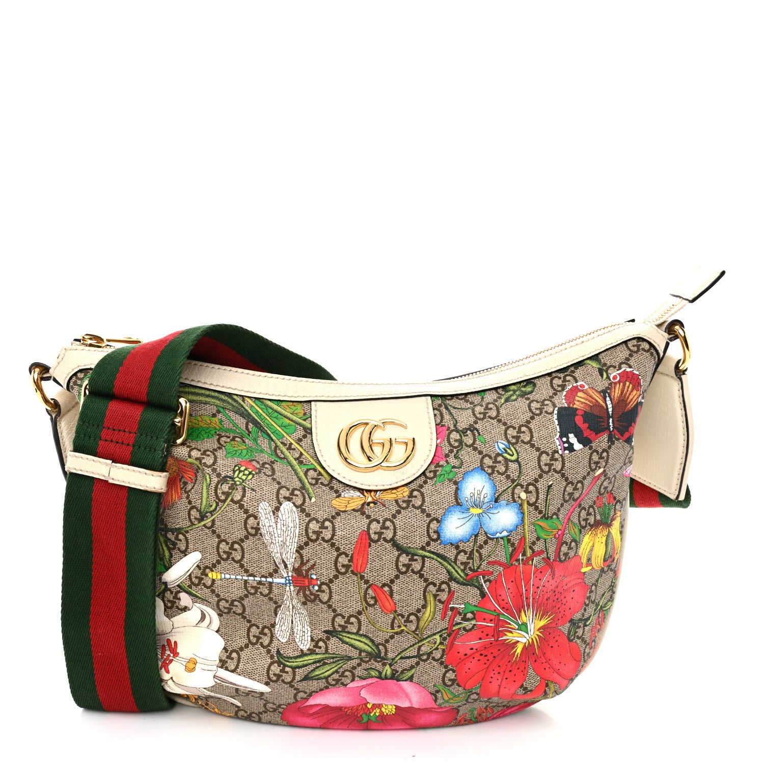 Gucci GG Supreme Monogram Flora Web Small Ophidia Half Moon Hobo White 1 of 12