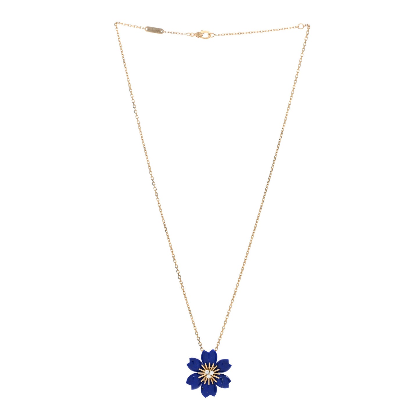18K Yellow Gold Diamond Lapis Lazuli Mini Rose De Noel Pendant Necklace