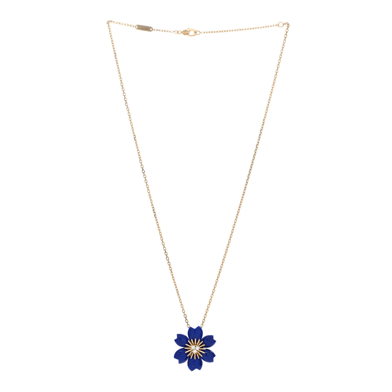 Van Cleef & Arpels 18K Yellow Gold Diamond Lapis Lazuli Mini Rose De Noel Pendant Necklace 3 of 5