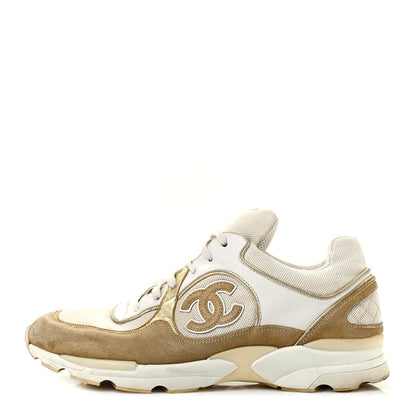 Chanel Nylon Lambskin Suede Calfskin CC Sneakers 37.5 Brown White Gold 1 of 11