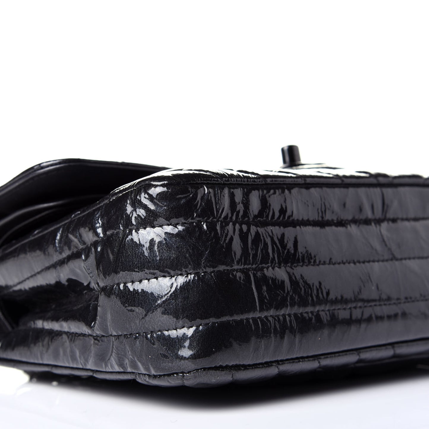 Patent Crumpled Calfskin Chevron Quilted Small Double Flap So Black