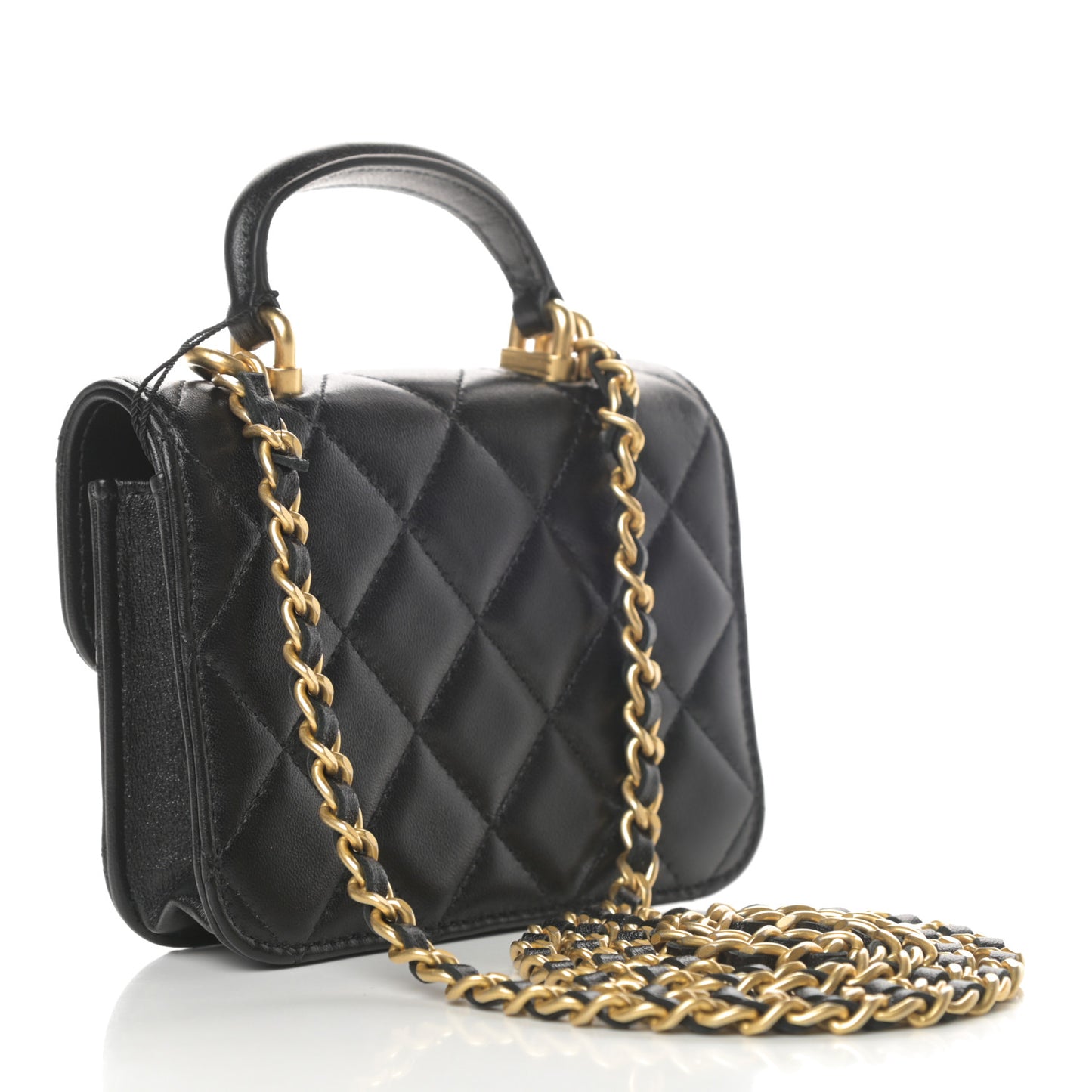 Lambskin Quilted Top Handle Flap Coin Purse With Chain Black