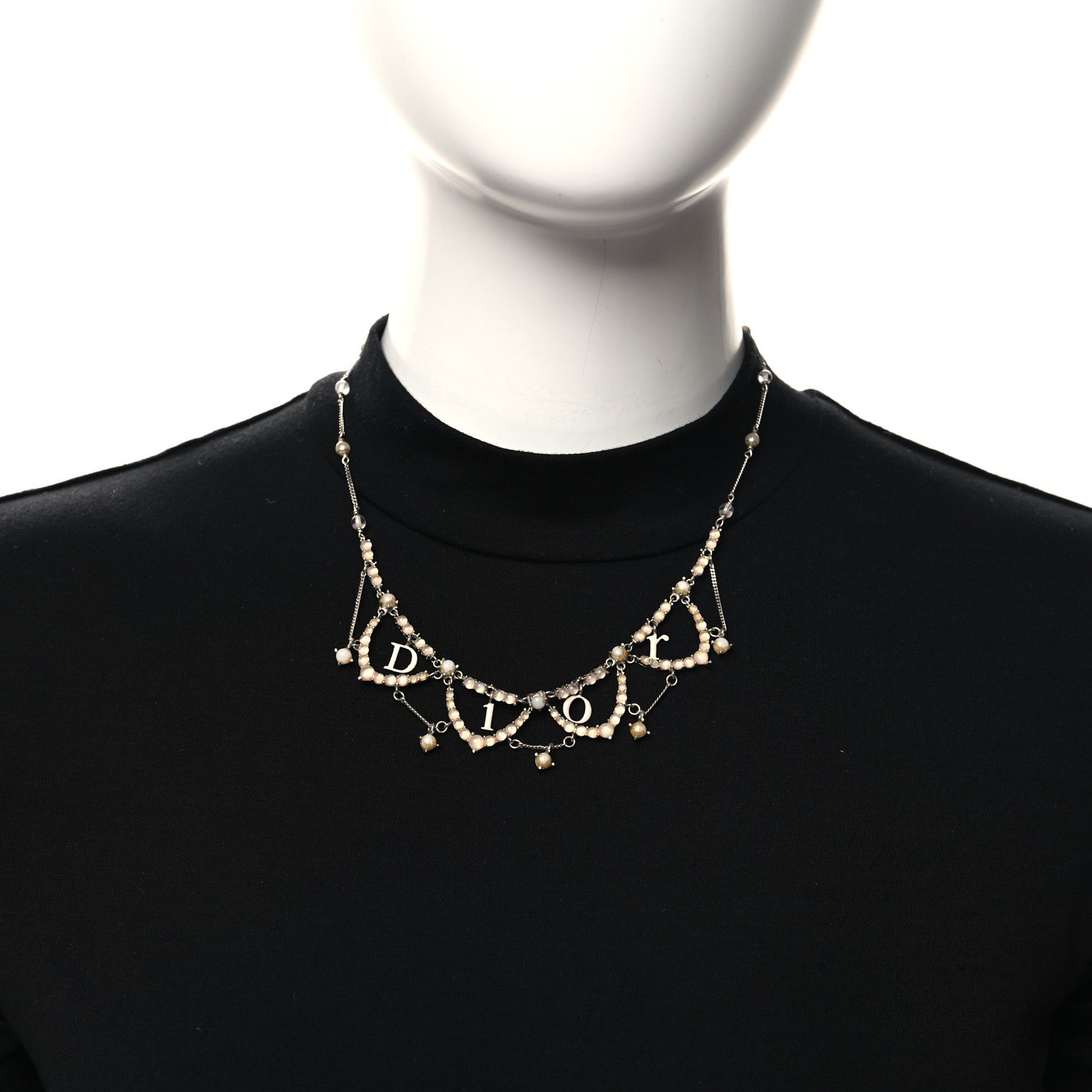 Christian Dior Beaded Logo Charm Necklace Silver Beige 2 of 5