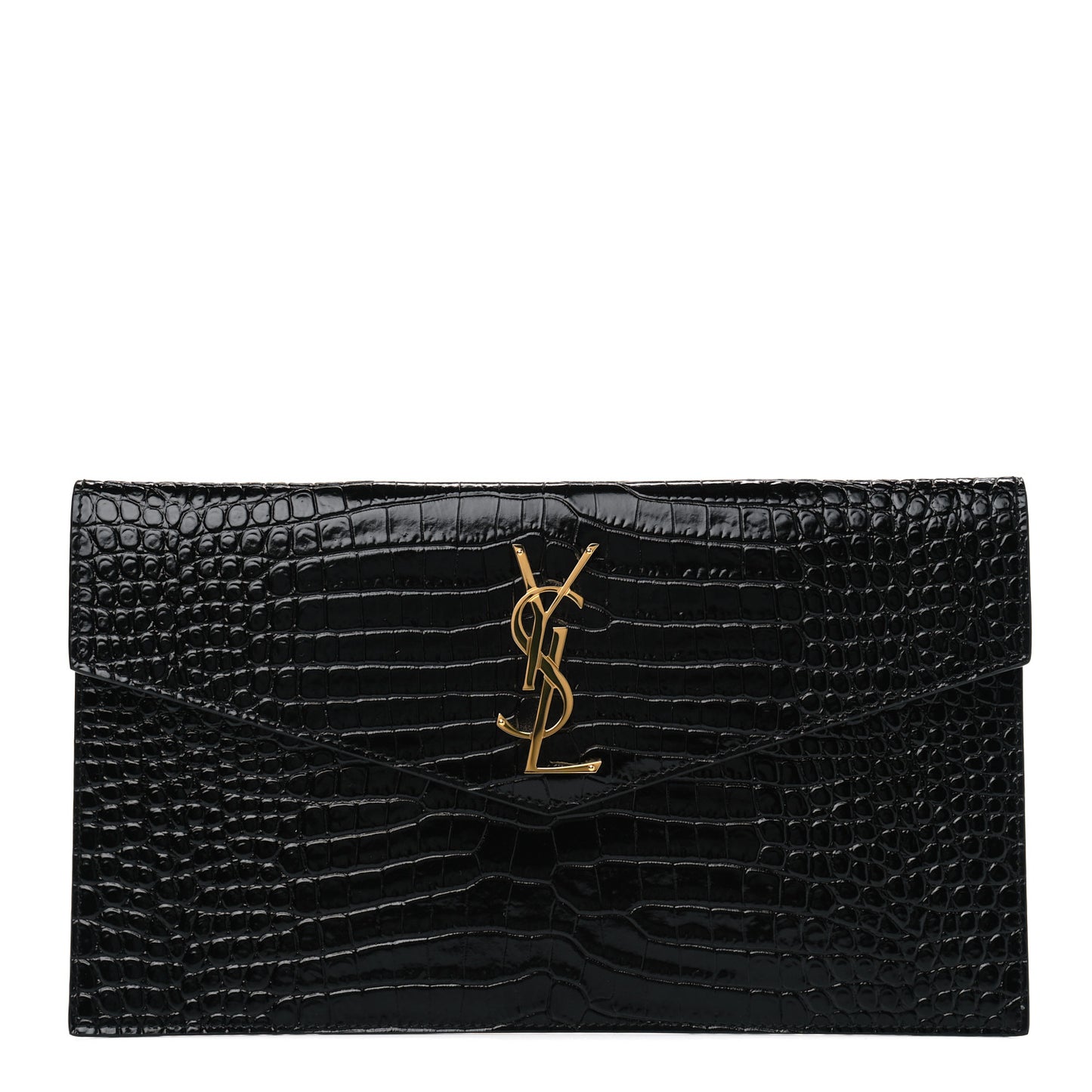 Calfskin Crocodile Embossed Uptown Monogram Clutch Black