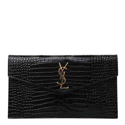 Saint Laurent Calfskin Crocodile Embossed Uptown Monogram Clutch Black 1 of 4