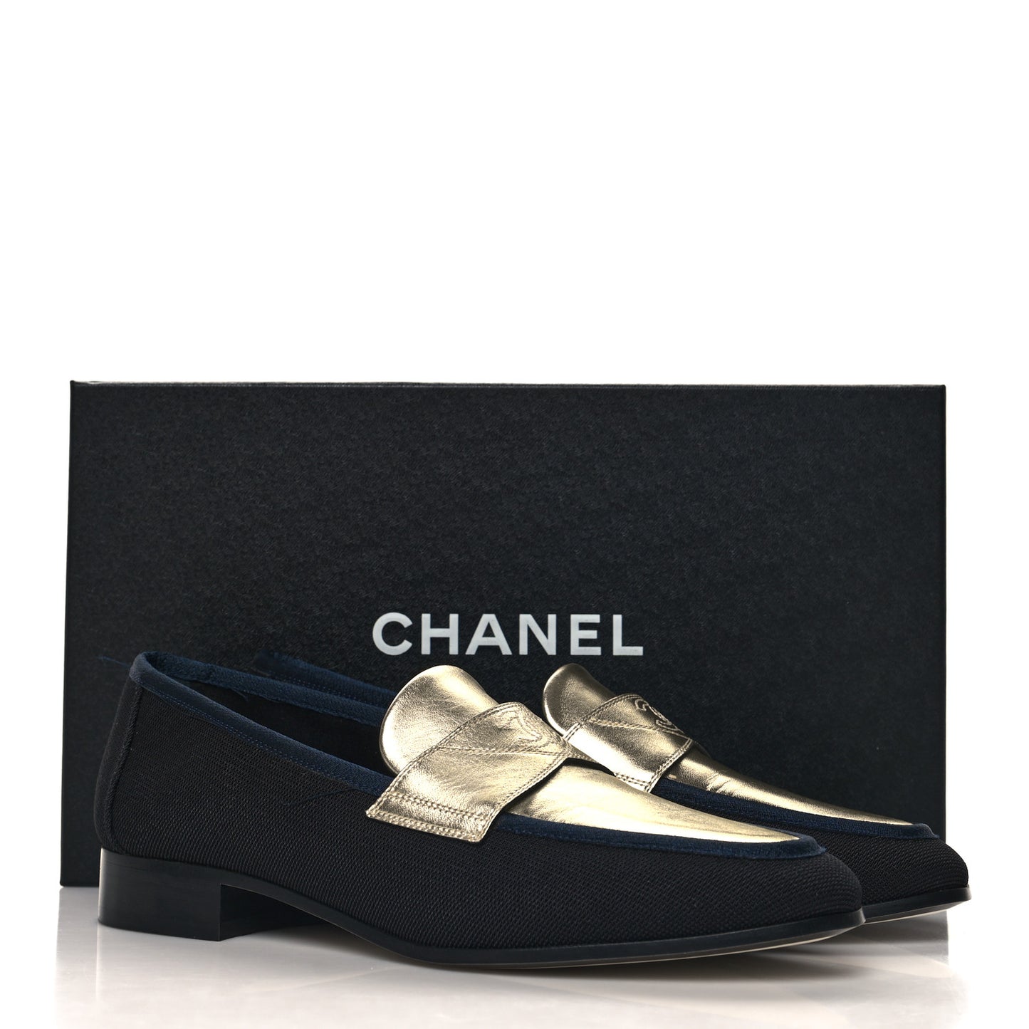 Iridescent Lambskin Fabric CC Mocassins 37.5 Gold Black