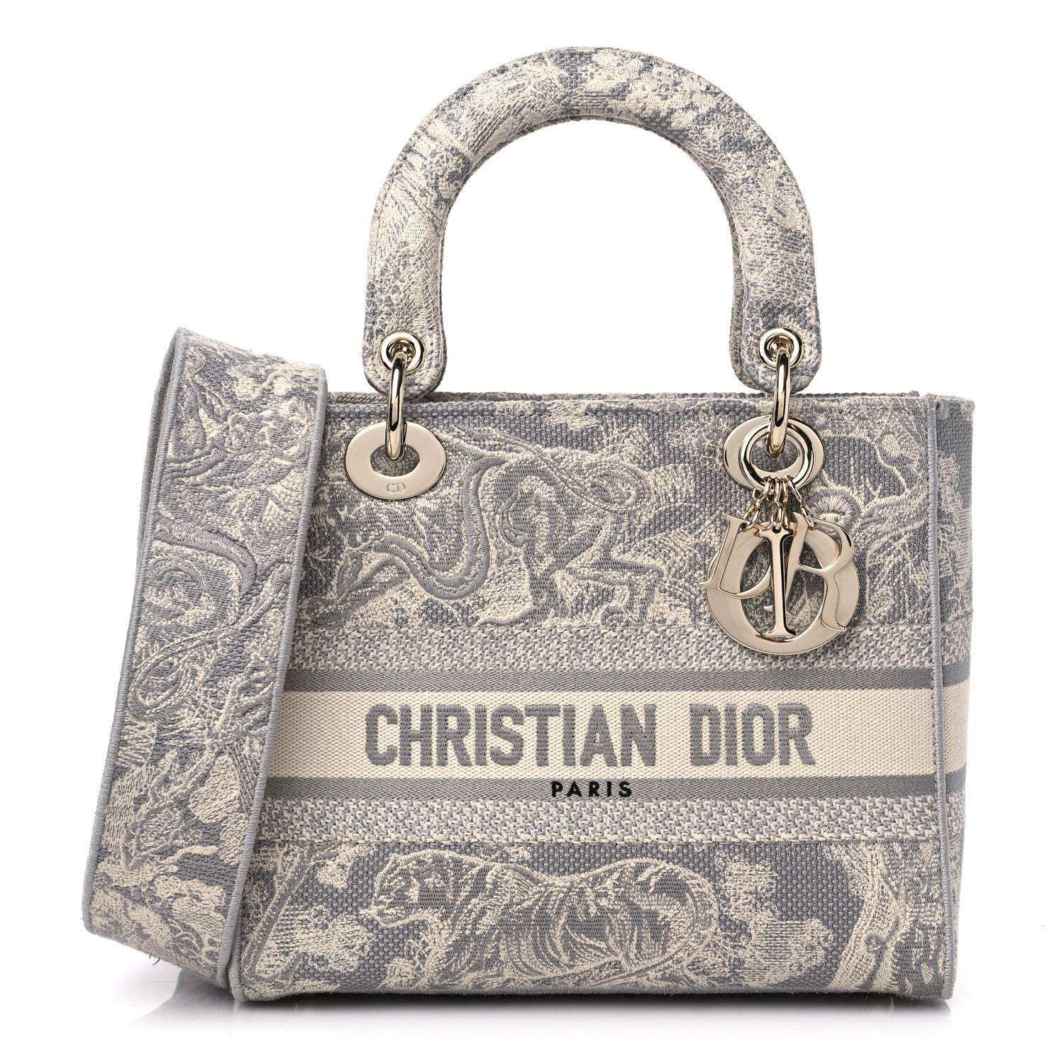 Christian Dior Canvas Toile De Jouy Reverse Embroidered Medium Lady D-Lite Gray 1 of 10