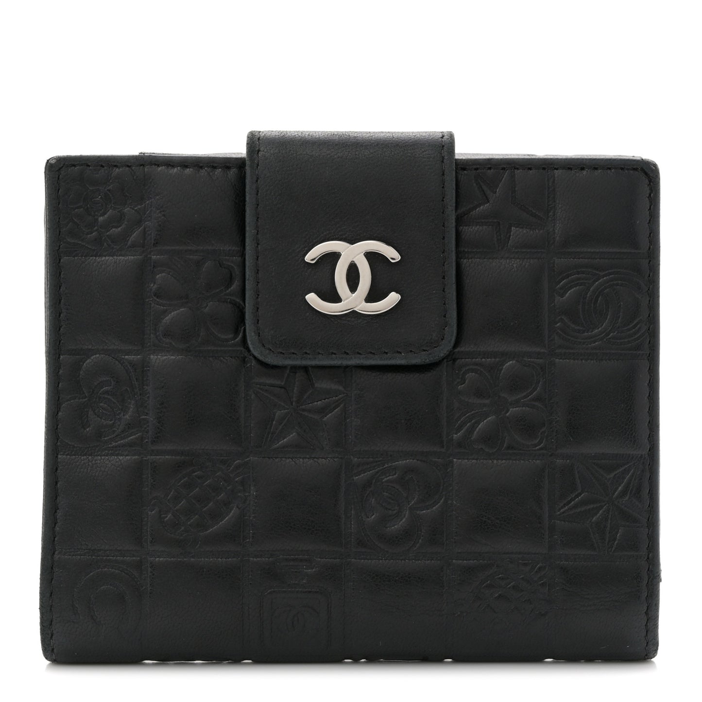 Calfskin Lucky Symbols Compact French Flap Wallet Black