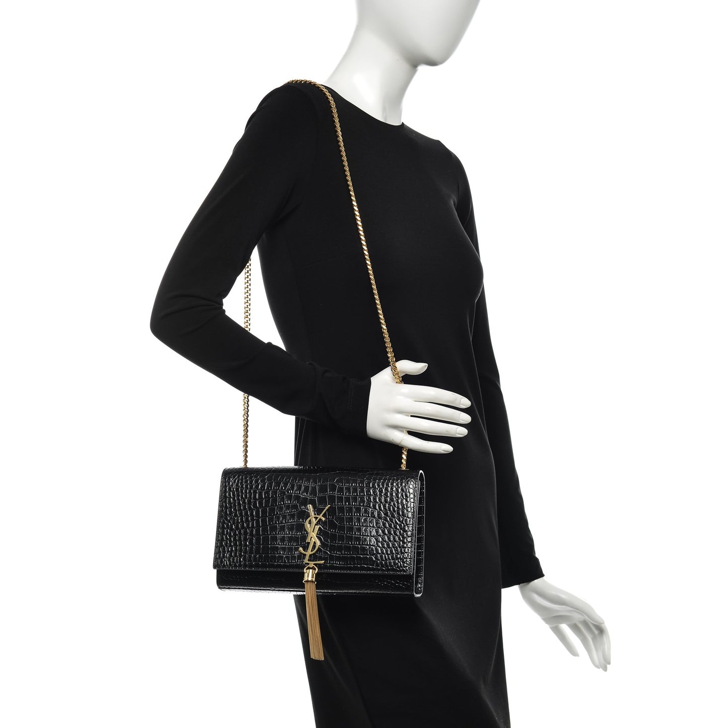 Calfskin Crocodile Embossed Medium Classic Monogram Kate Tassel Satchel Black