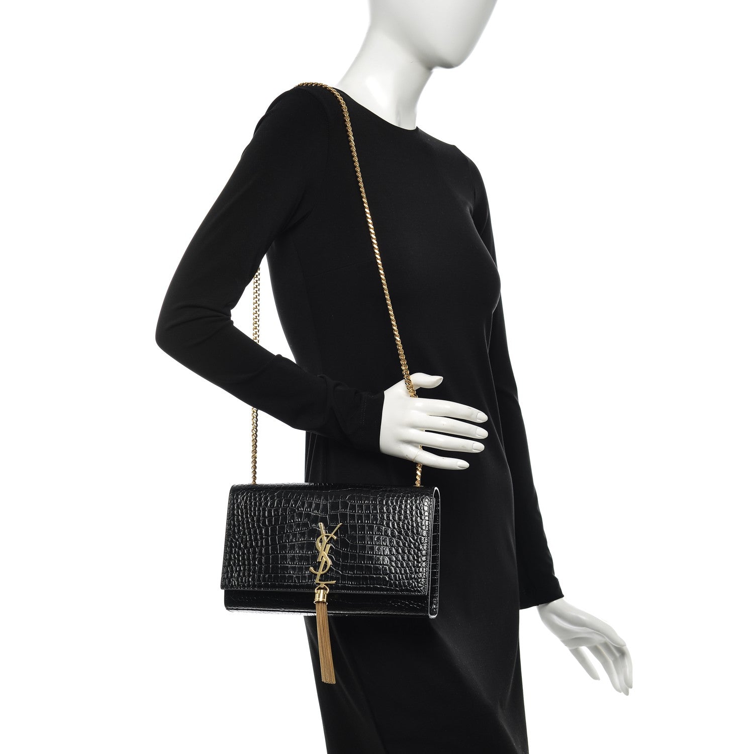 Saint Laurent Calfskin Crocodile Embossed Medium Classic Monogram Kate Tassel Satchel Black 2 of 8