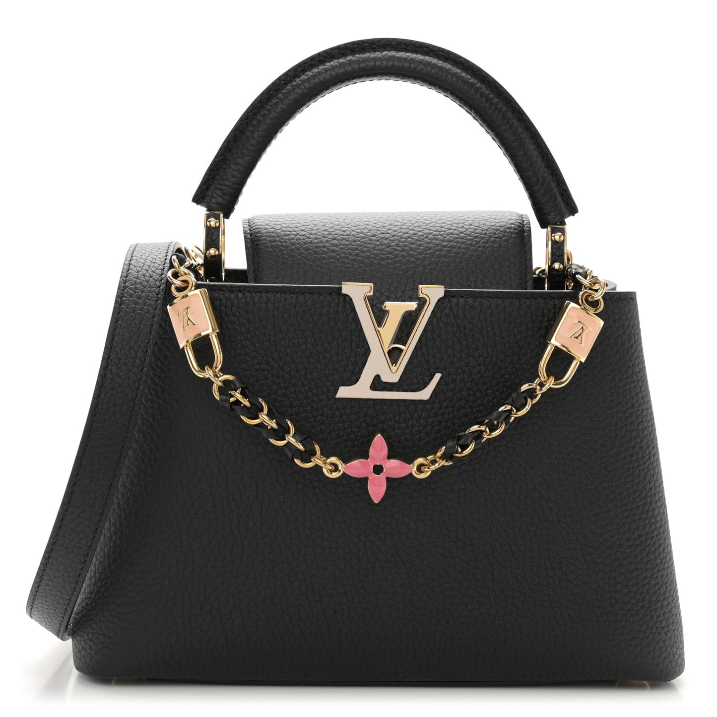 Taurillon Enamel Flower Padlock Chain Capucines BB Black
