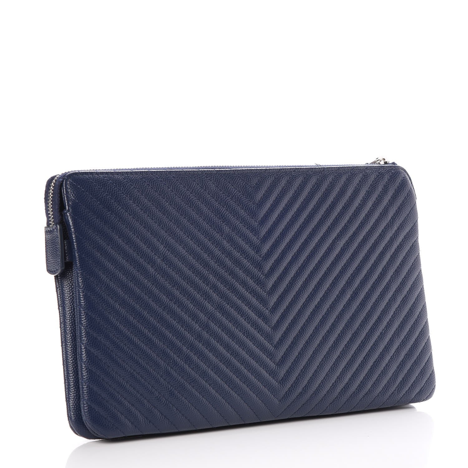 Chanel Caviar Chevron Quilted Large Zipped Clutch Navy 3 of 9
