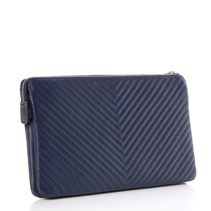Chanel Caviar Chevron Quilted Large Zipped Clutch Navy 3 of 9