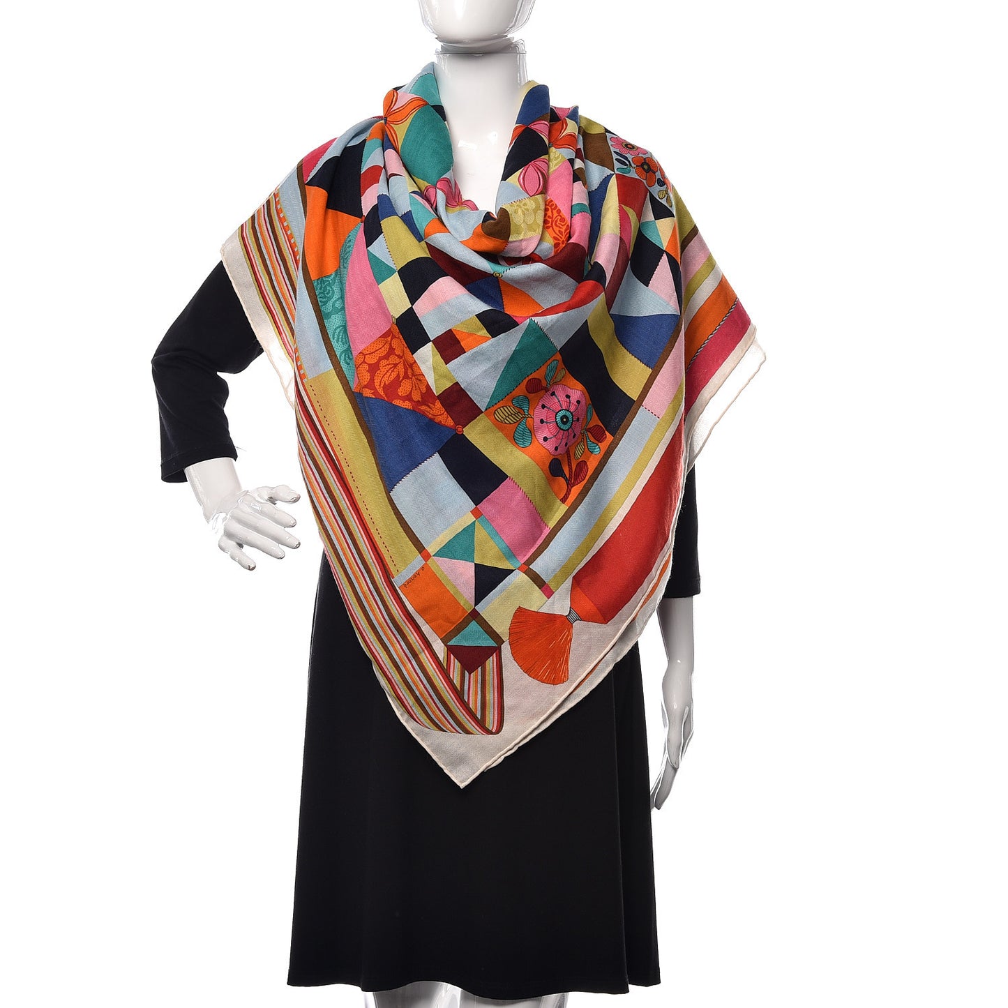 Cashmere Silk L'Art du Bojagi Shawl 140 Blanc Turquoise Orange
