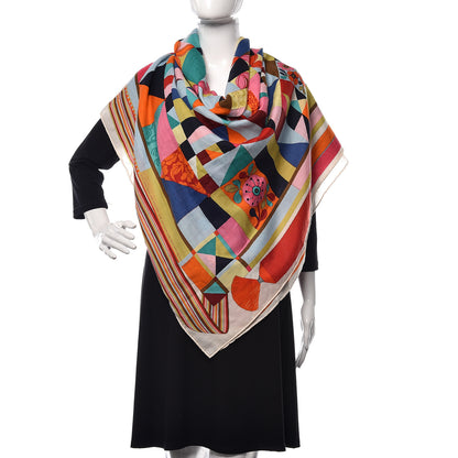 Hermes Cashmere Silk L'Art du Bojagi Shawl 140 Blanc Turquoise Orange 2 of 6