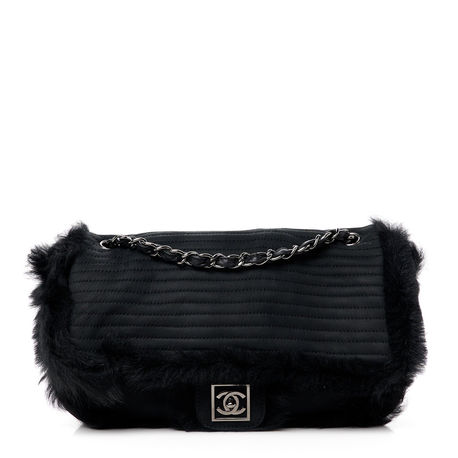 Chanel Suede Fur Quilted Flap Black 1 of 11