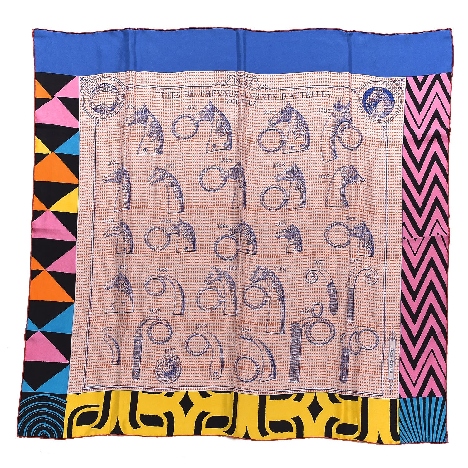 Hermes Silk Manufacture de Boucleries Scarf 90 Orange Bleu Royal Multicolore 1 of 4