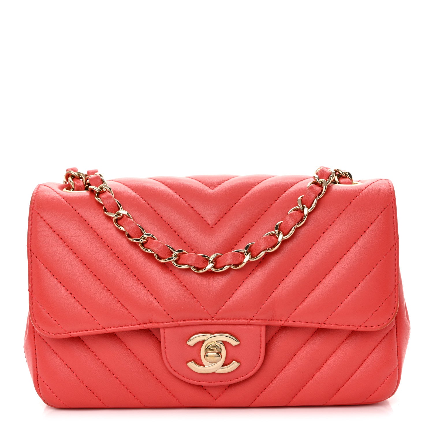 Chanel Lambskin Chevron Quilted Mini Rectangular Flap Coral 1 of 12