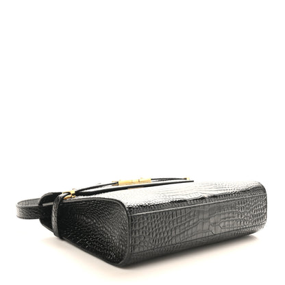 Saint Laurent Shiny Calfskin Crocodile Embossed Manhattan Baguette Black 4 of 10