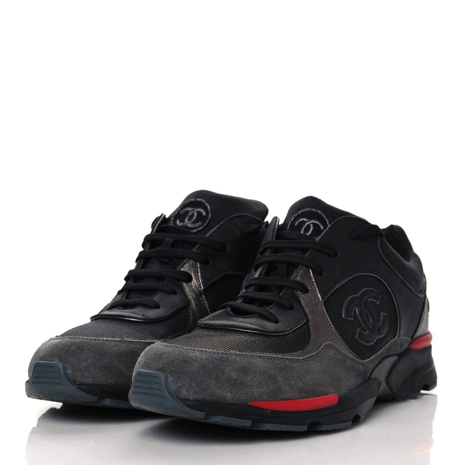 Chanel Calfskin Suede Fabric Mens Sneakers 43 Black Grey Red 3 of 8