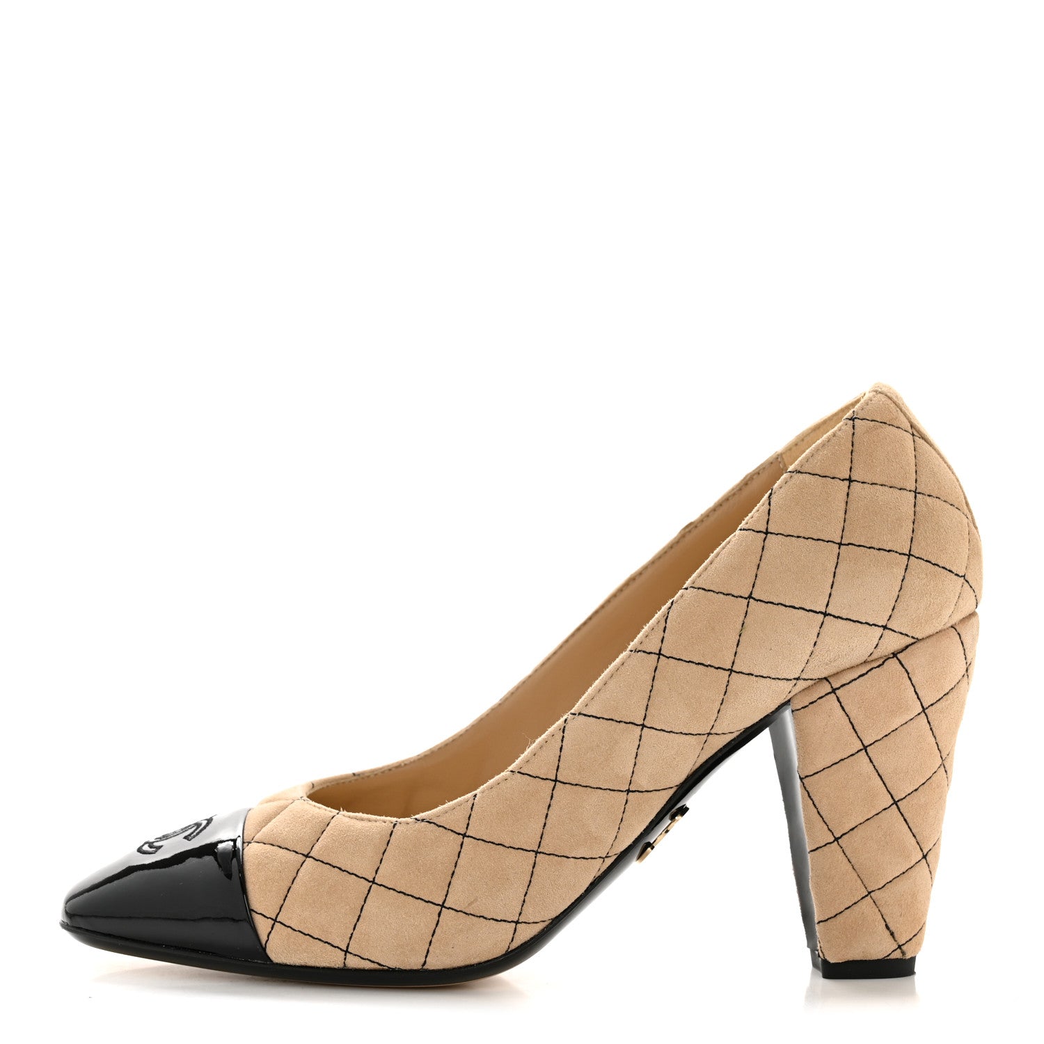 Chanel Suede Kidskin Patent Quilted CC Cap Toe Pumps 39 Beige Black 1 of 11