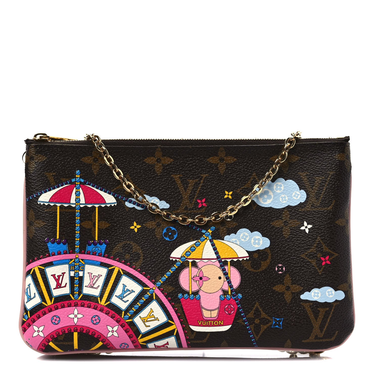 Louis Vuitton Monogram 2020 Christmas Animation Big Wheel Double Zip Pochette Rose Ballerine 1 of 10