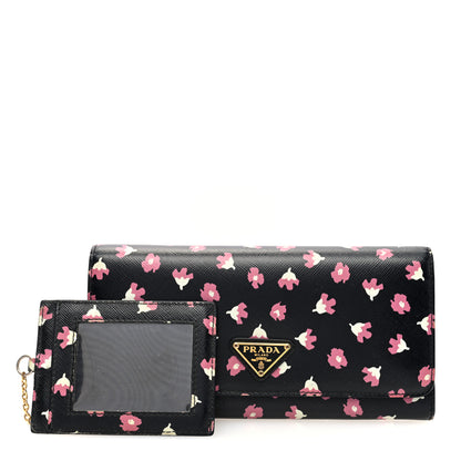 Prada Saffiano Floral Print Continental Flap Travel Wallet Black 3 of 8