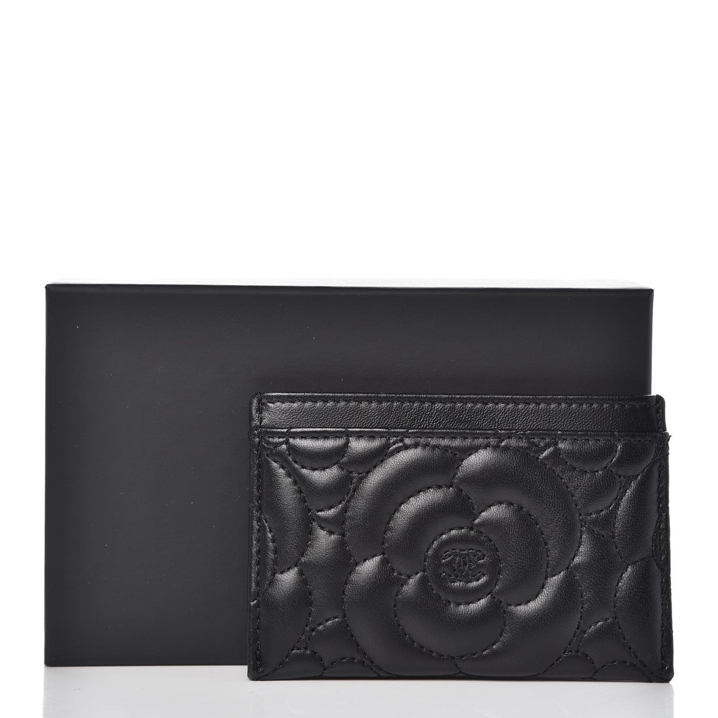 Lambskin Camellia Embossed Card Holder Black