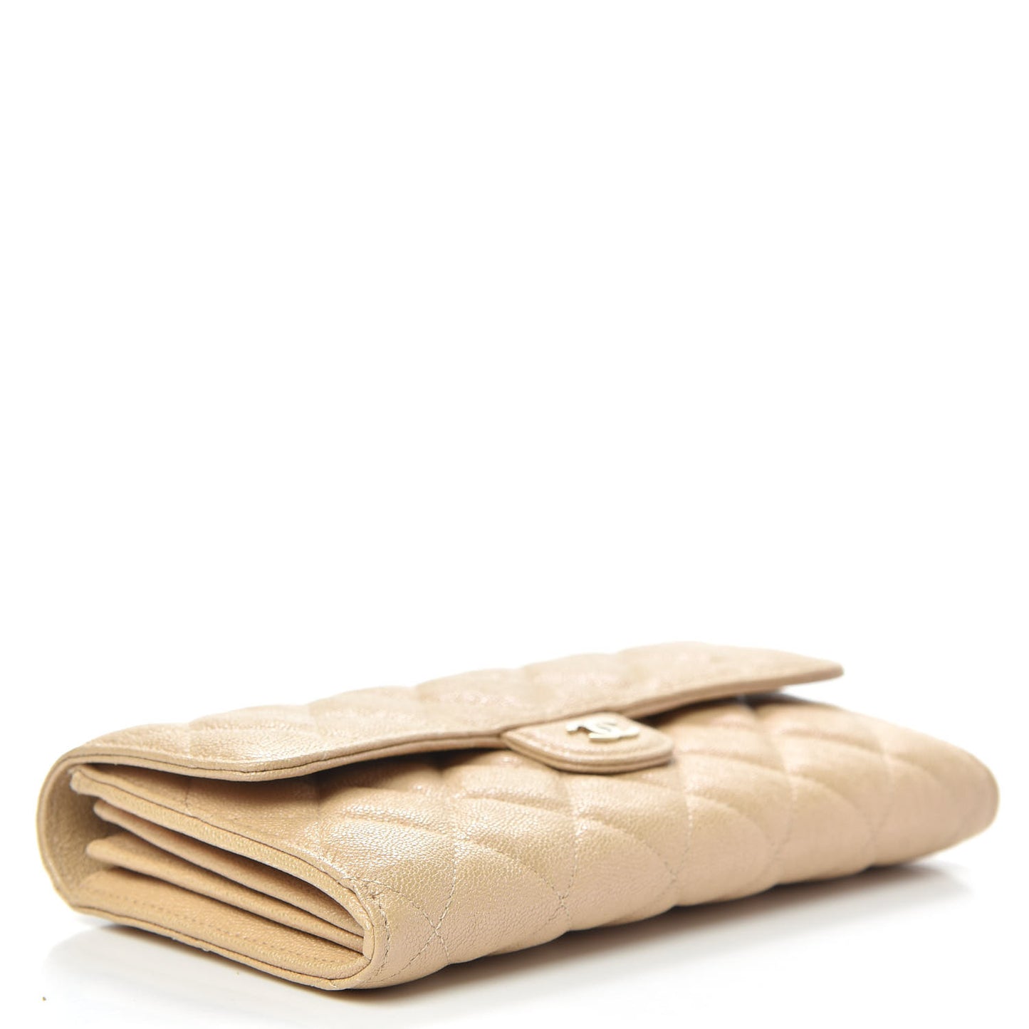 Iridescent Caviar Quilted Long Gusset Flap Wallet Beige