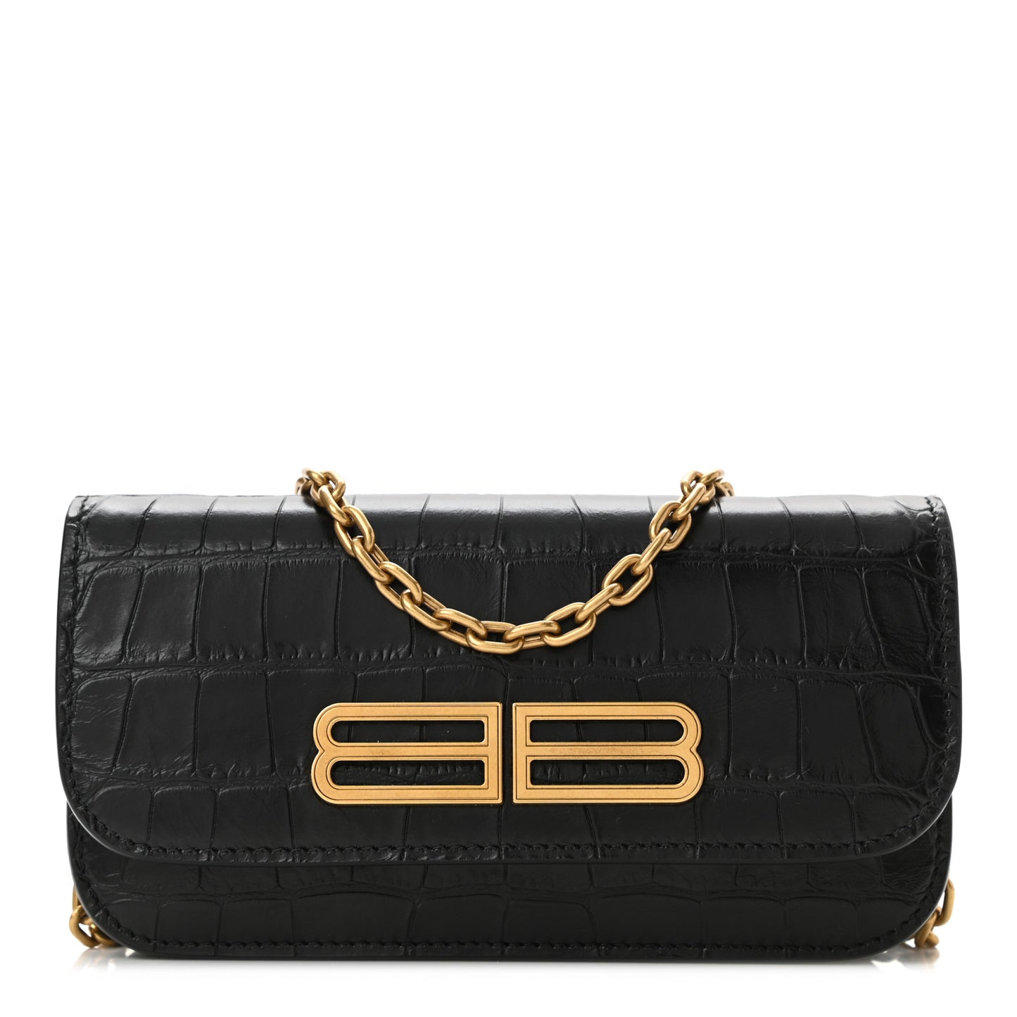 Extra Supple Calfskin Crocodile Embossed Gossip Wallet On Chain Black