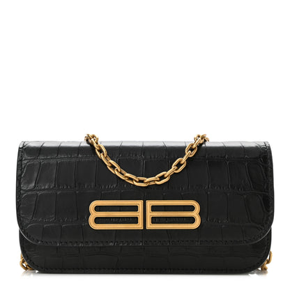 Balenciaga Extra Supple Calfskin Crocodile Embossed Gossip Wallet On Chain Black 1 of 11