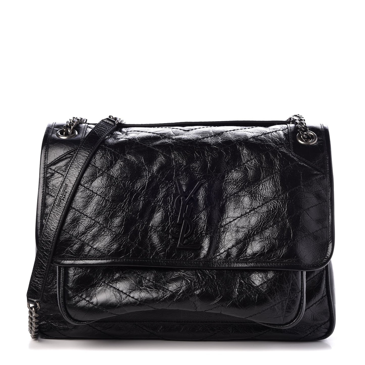 Crinkled Calfskin Matelasse Monogram Large Niki Chain Satchel Black