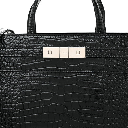 Saint Laurent Shiny Calfskin Crocodile Embossed Small Manhattan Shopper Tote Black 7 of 10