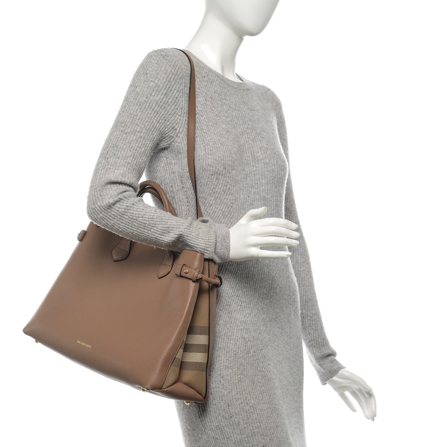 Grainy Calfskin House Check Large Banner Tote Dark Sand