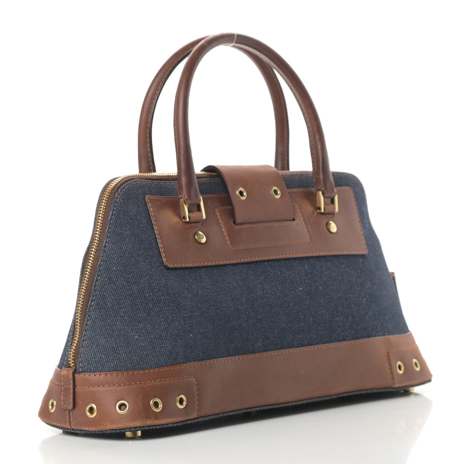 Christian Dior Denim Calfskin Street Chic Top Handle Bag Blue Brown 3 of 17